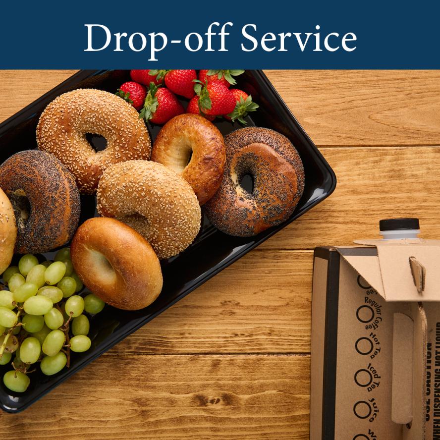 Drop-off Service photo showing bagels and coffee in to-go box