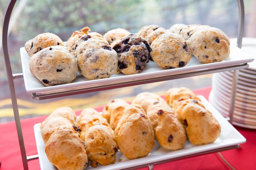 Tiered display of scones and other baked goods
